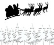 Illustration: Santa flying across christmas trees with snow Santa flying across christmas trees with snow