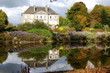 reflet d'un manoir dans un bassin