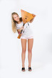 Young blonde woman on isolated background