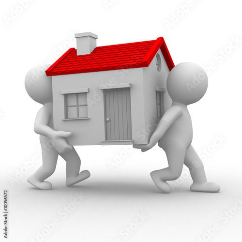 Illustration: two 3d humans carry a home in their hands two 3d humans carry a home in their hands