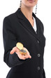 businesswoman holding an old compass on white