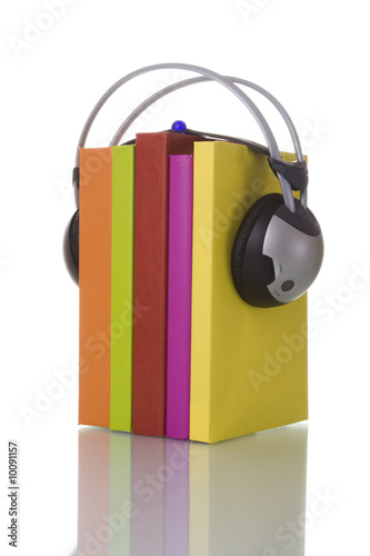 colorful audiobook concept with headphones and books