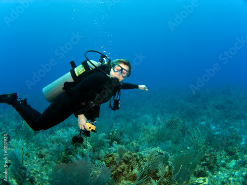 Photo: Horizontal Scuba Diver with Copy Space on a Caribbean Reef Horizontal Scuba Diver with Copy Space on a Caribbean Reef