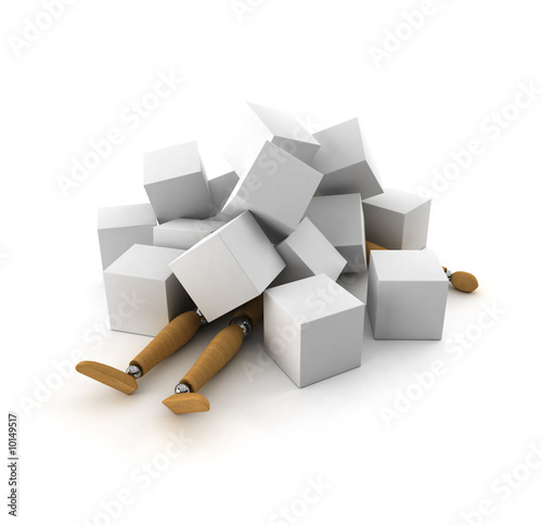 Illustration: Wooden mannequin covered with white, blank boxes Wooden mannequin covered with white, blank boxes