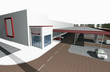 3D render of modern business center, parking in front