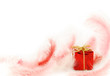 Red box with gift in the feathers on white background