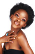 Beautiful African woman smiling with blue cocktail ring