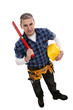 Construction worker in checked blue shirt and yellow hardhat
