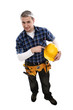 Construction worker pointing the yellow hardhat