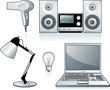 Home appliances: hairdryer, stereo, lamp, bulb, laptop Home appliances: hairdryer, stereo, lamp, bulb, laptop