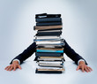 Man hiding behind files on isolated on white