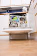 Opened dishwasher with clean dishes..