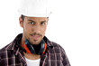 architect posing with headphone on an isolated background