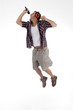 young singer singing a song in rock style on white background