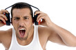 caucasian  guy enjoying rock music with full volume