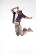 young singer singing a song in rock style on an white background