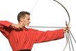 Young male archer aiming with perfect geometry, isolated Young male archer aiming with perfect geometry, isolated