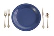 Blue table place setting. Blue plate and silverware on white