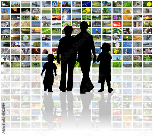 Illustration: family watching television on huge lcd panel family watching television on huge lcd panel