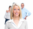 Young happy woman standing with family in background