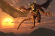 3D render of a dragon flying at sunset.