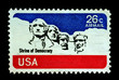 Shrine of democracy on USA stamp featuring mount rushmore