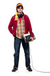 Casual young man holding an electronic musical keyboard