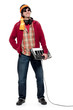 Casual young man holding an electronic musical keyboard