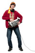 Casual young man playing an electronic musical keyboard