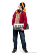 Young man holding an electronic musical keyboard, looking up