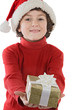 Adorable boy with red hat of Christmas and one gift isolated
