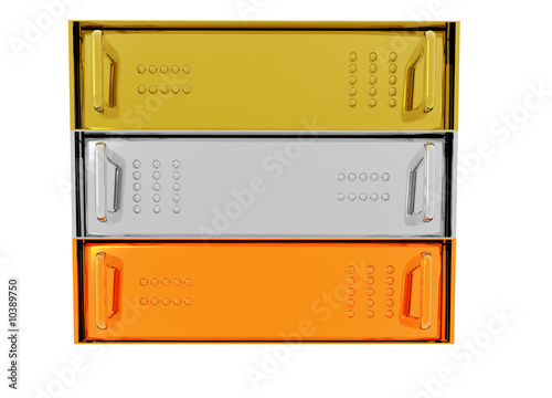 Illustration: Gold Silver Bronze Server Rack Hosting boxes on White Gold Silver Bronze Server Rack Hosting boxes on White