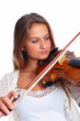 Portrait of a woman holding violin isolated on white background