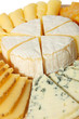 Various types of cheese on wooden platter