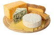 Various types of cheese on wooden platter