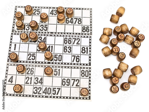 lotto white cards with numbers and small cask