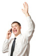 businessman calling by phone and rising up hand