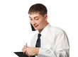 businessman talking and writing