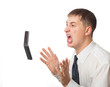 businessman throwing phone, isolated on white background