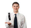 businessman with hanging phone, isolated with white background