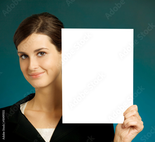 Student, secretary or businesswoman with blank signcard