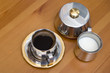 espresso and milk in metal set