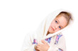 young girl with bathrobe on white background