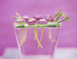 Zinnias and sprouting bamboo in vase, close-up