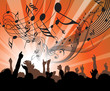 People at the concert - heads and hands on red background..