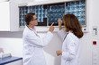 Male doctor and a female doctor examining an x-ray report
