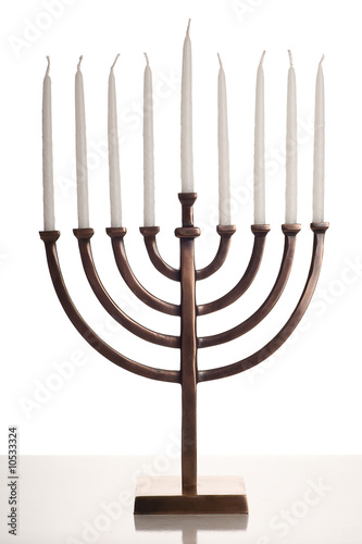 Beautiful Unlit Hanukkah Menorah On White Table.