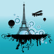 Airplane and air-balloon above Paris. Retro illustration.