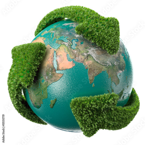Photo: Globe with green arrows covered with leafs. Globe with green arrows covered with leafs.