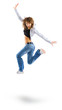 Dancing woman happy smiling facial expression jumping up.